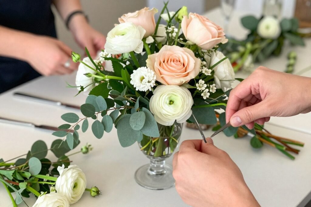 DIY wedding centerpiece being arranged with fresh flowers DIY wedding centerpiece being arranged with fresh flowers