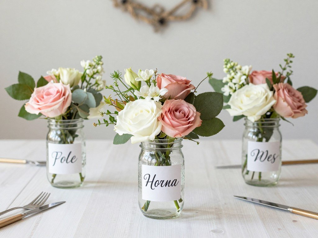 DIY wedding centerpieces with mason jars, flowers, and personal touches