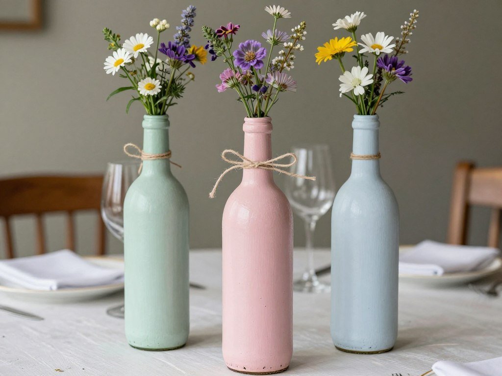 DIY wedding centerpieces with painted wine bottles, twine, and wildflowers