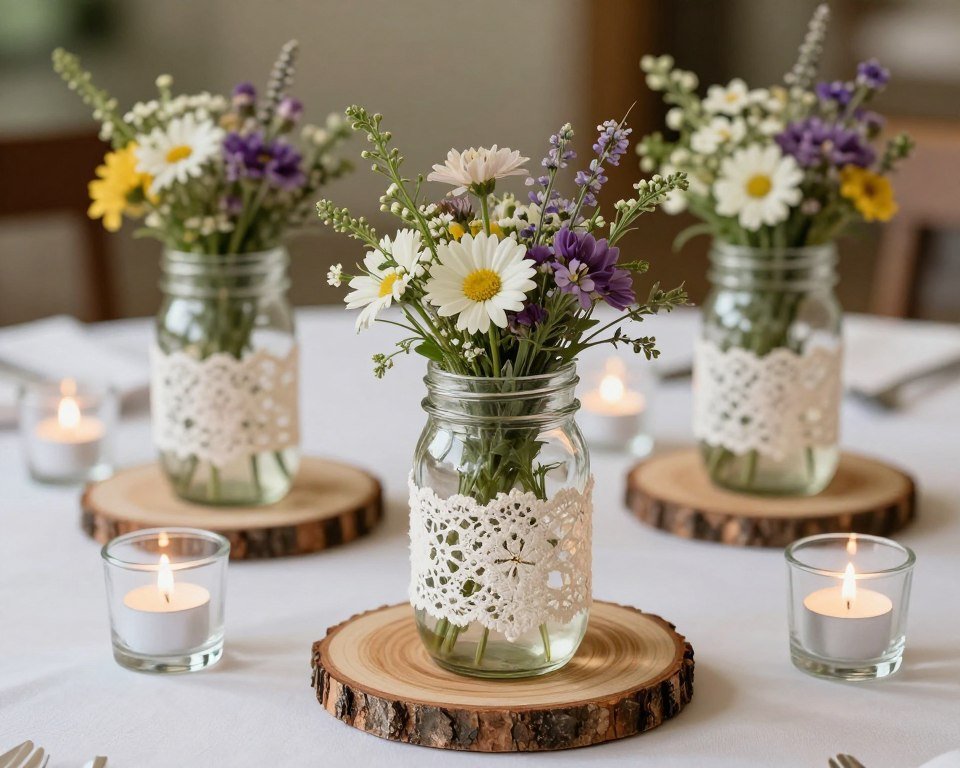 DIY wedding centerpieces with wood slices, mason jars with flowers, and tea lights