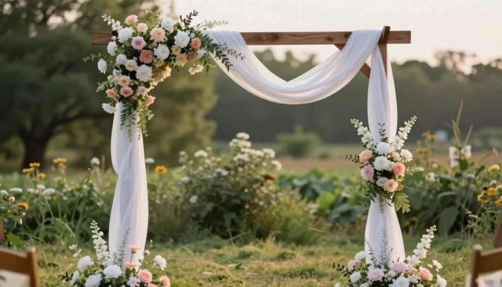 DIY wedding ceremony arch decorated with flowing fabric and fresh flowers