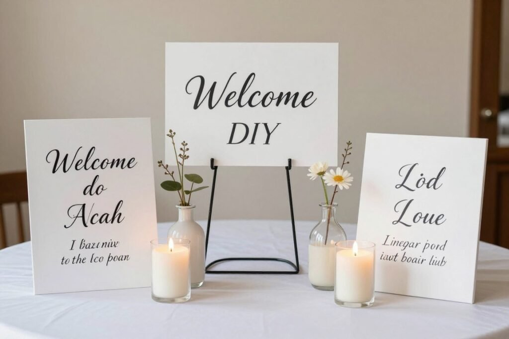 DIY wedding decor featuring hand-painted welcome signs and simple assembled centerpieces