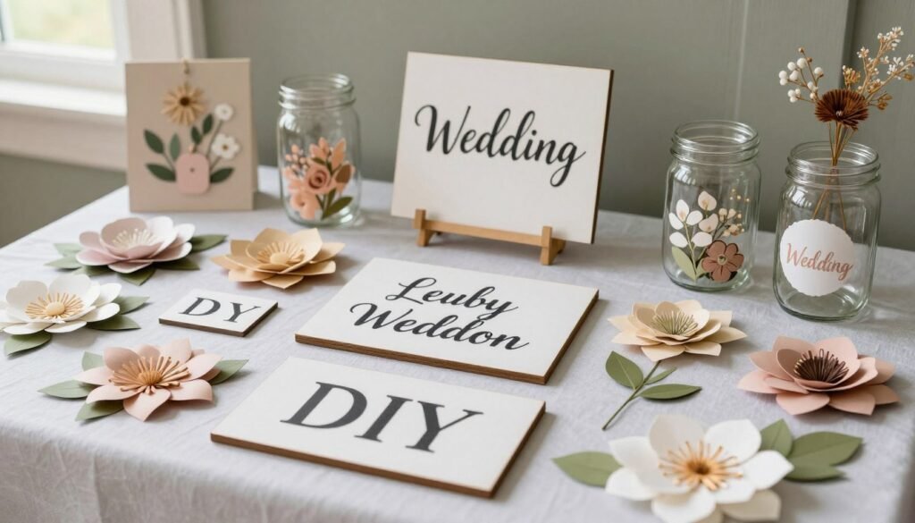 DIY wedding decorations including handmade paper flowers and signs DIY wedding decorations including handmade paper flowers and signs
