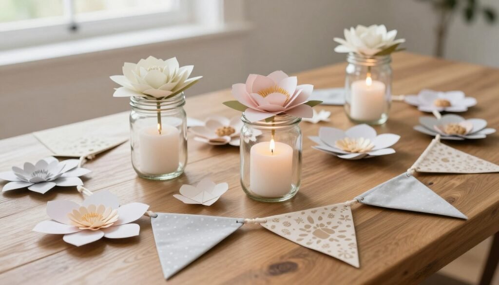 DIY wedding decorations including handmade paper flowers, repurposed jars with candles, and fabric bunting
