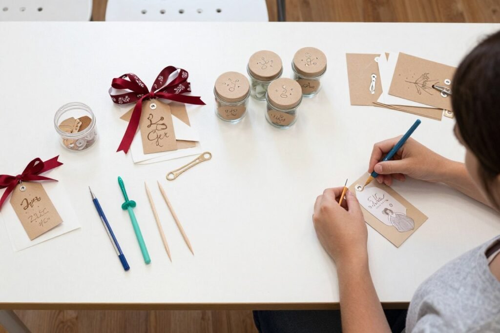 DIY wedding favor crafting station with supplies and handmade favors