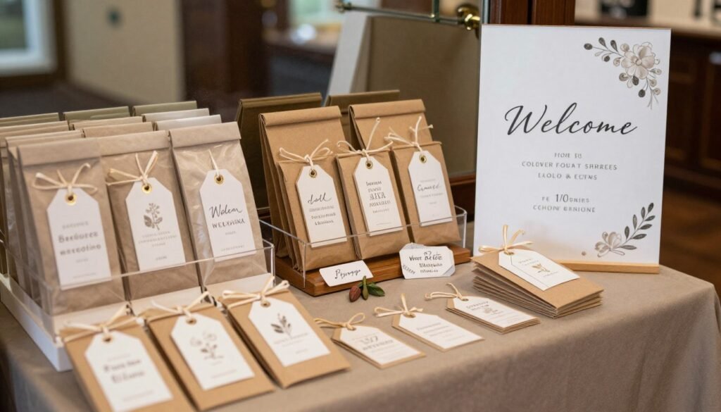 DIY wedding favor display and welcome sign showcasing final decorative touches