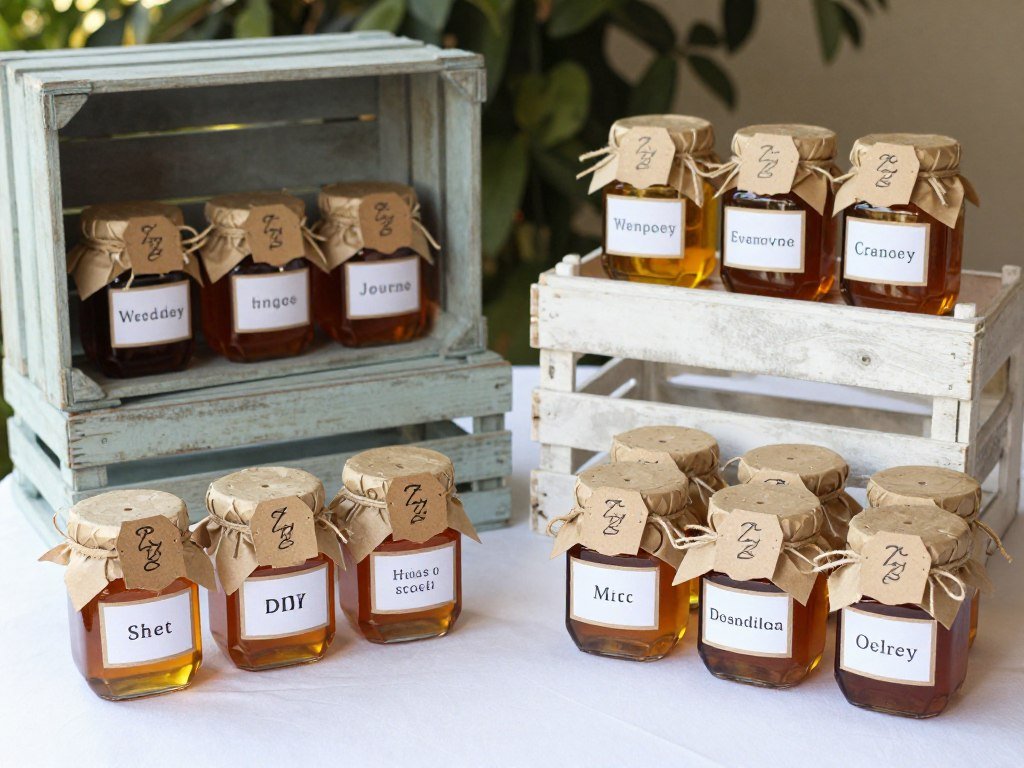 DIY wedding favors arranged as table decorations
