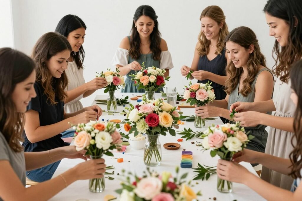 DIY wedding flower workshop with friends helping prepare arrangements DIY wedding flower workshop with friends helping prepare arrangements