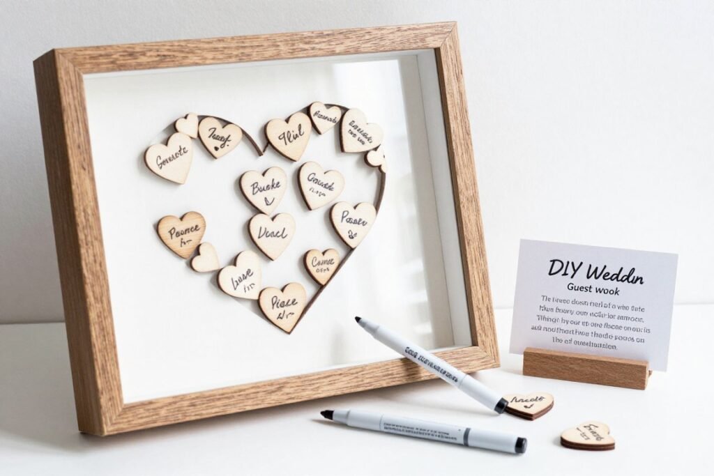 DIY wedding guest book alternative with wooden hearts for guests to sign