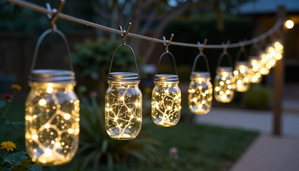 DIY wedding lighting with mason jar lanterns hanging from shepherd's hooks along outdoor pathway