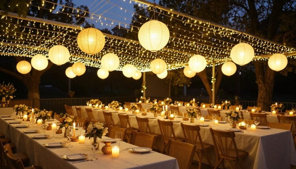 DIY wedding lighting with string lights, lanterns, and candles creating a magical atmosphere