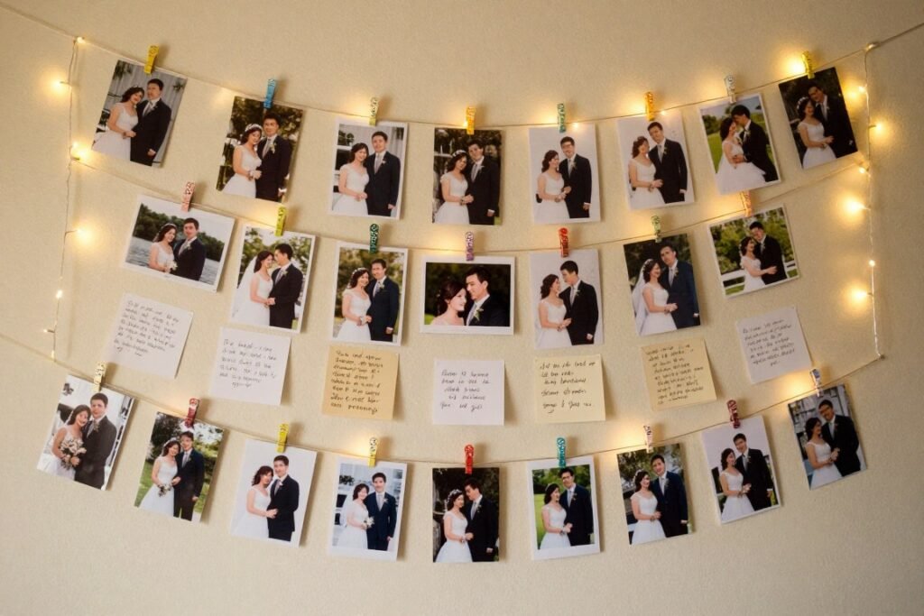 DIY wedding memory wall with photos and fairy lights