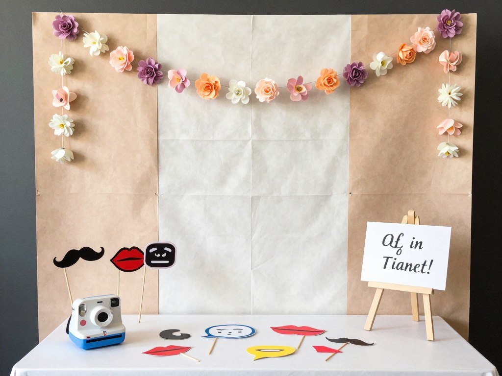 DIY wedding photo booth with handmade props and backdrop