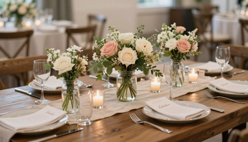 DIY wedding reception table with handmade centerpieces, candles, and personalized place settings