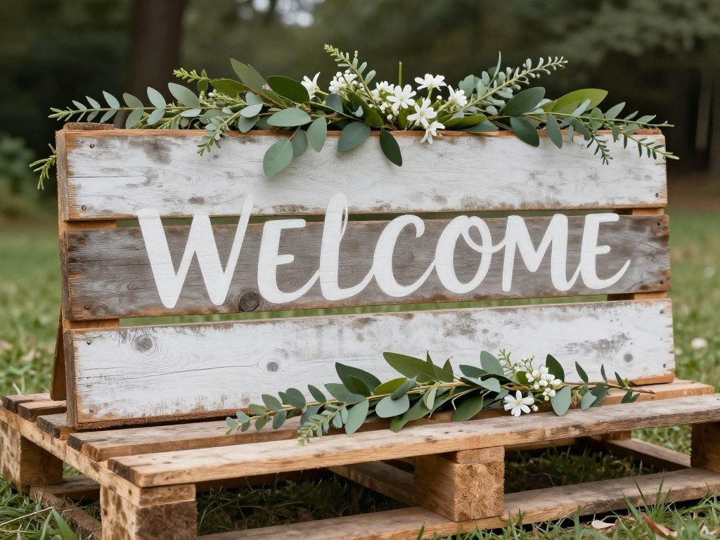 DIY wedding signage with wooden pallets, white paint, and greenery accents