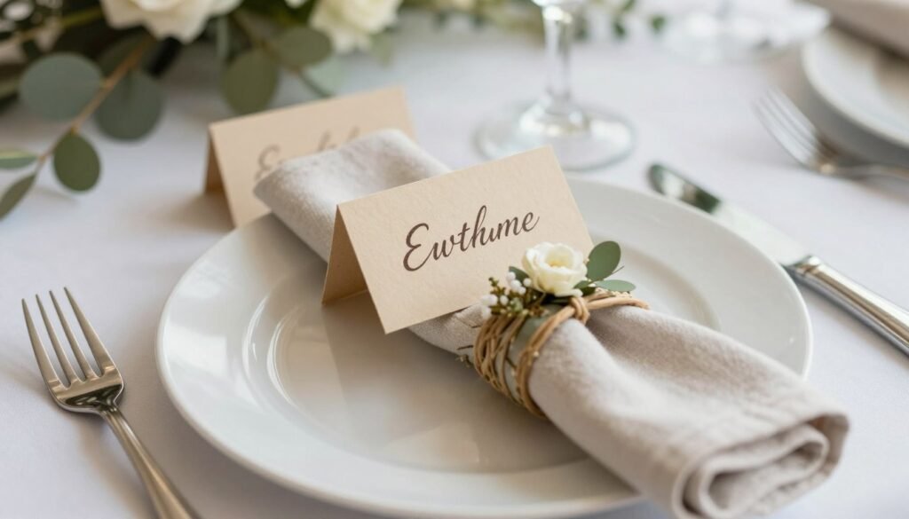 DIY wedding table setting with handcrafted place cards, napkin rings, and small floral accents