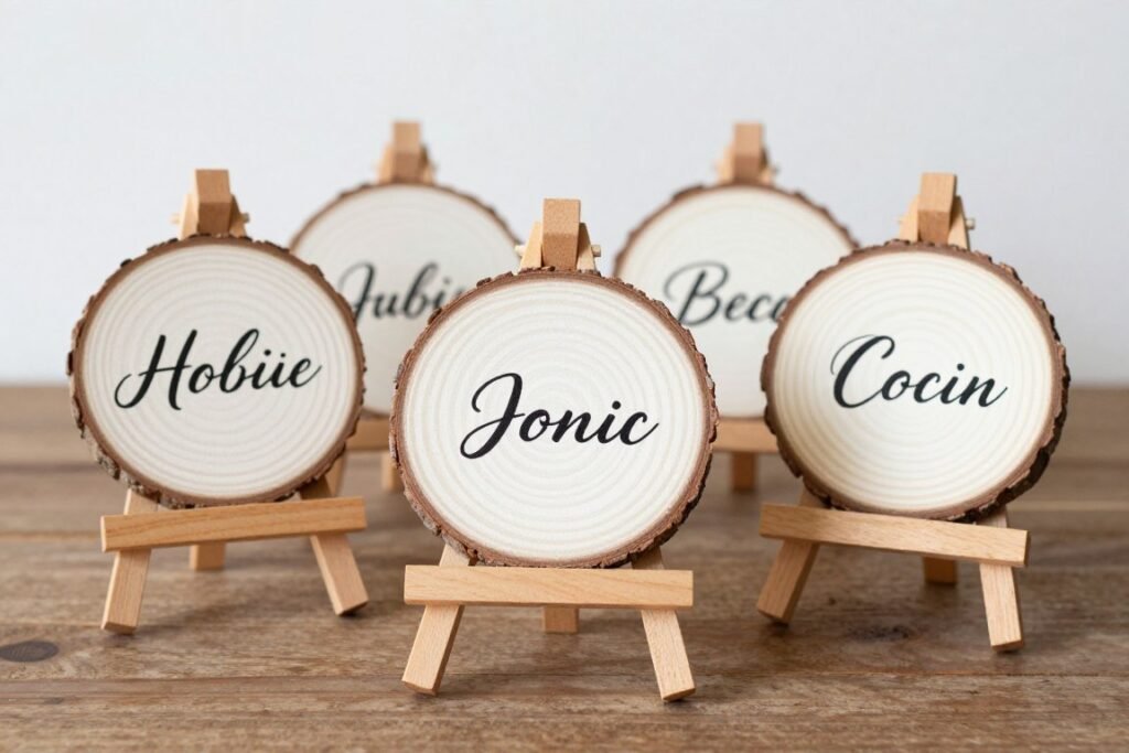 DIY wood slice place cards with calligraphy names
