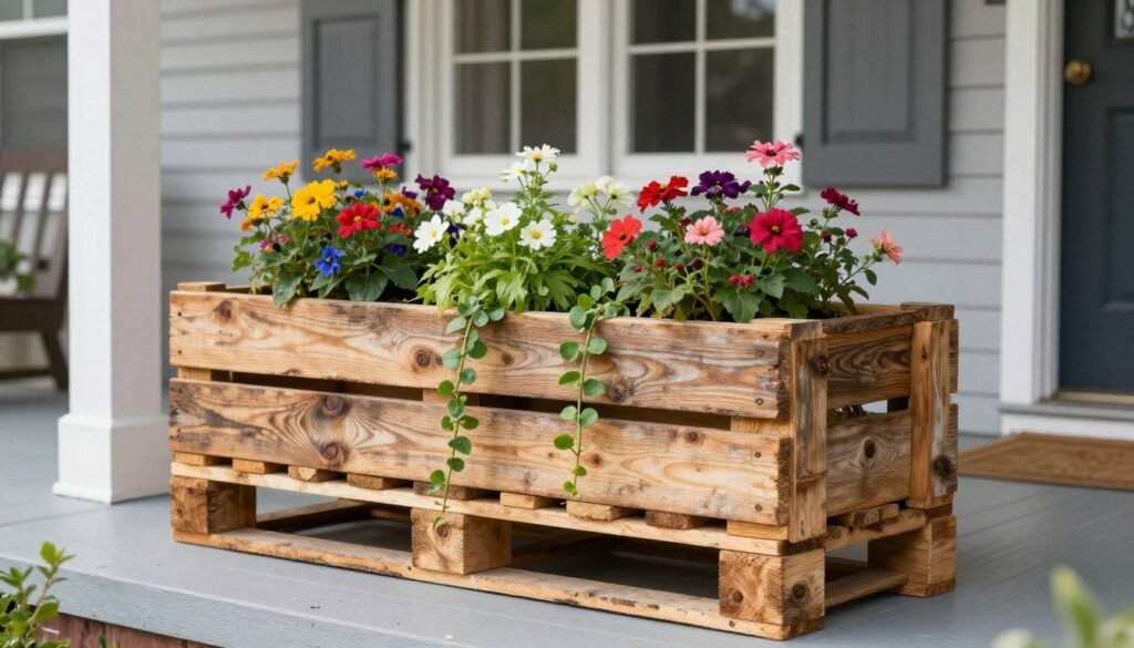 DIY wooden planter boxes made from reclaimed pallet wood on a rustic front porch DIY wooden planter boxes made from reclaimed pallet wood on a rustic front porch