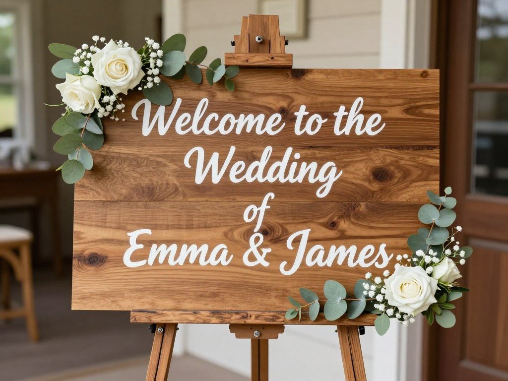 DIY wooden welcome sign with hand-painted lettering and floral accents