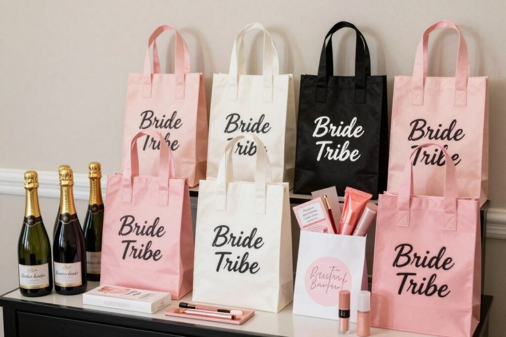 Decorated bachelorette party favor bags with contents Decorated bachelorette party favor bags with contents