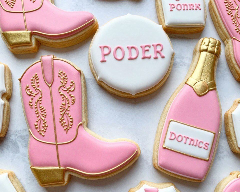Decorated cookies shaped like boots and champagne bottles