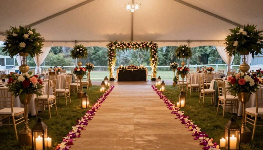 Decorated pathway with lanterns leading through a party tent
