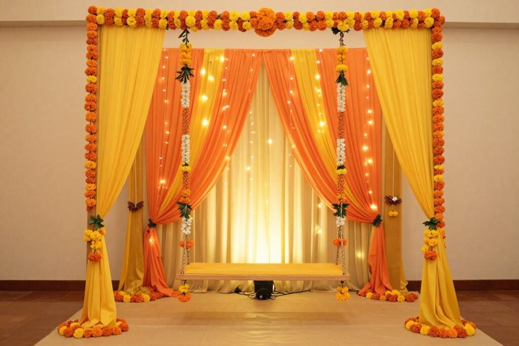 Decorated swing seating for bride and groom at haldi ceremony