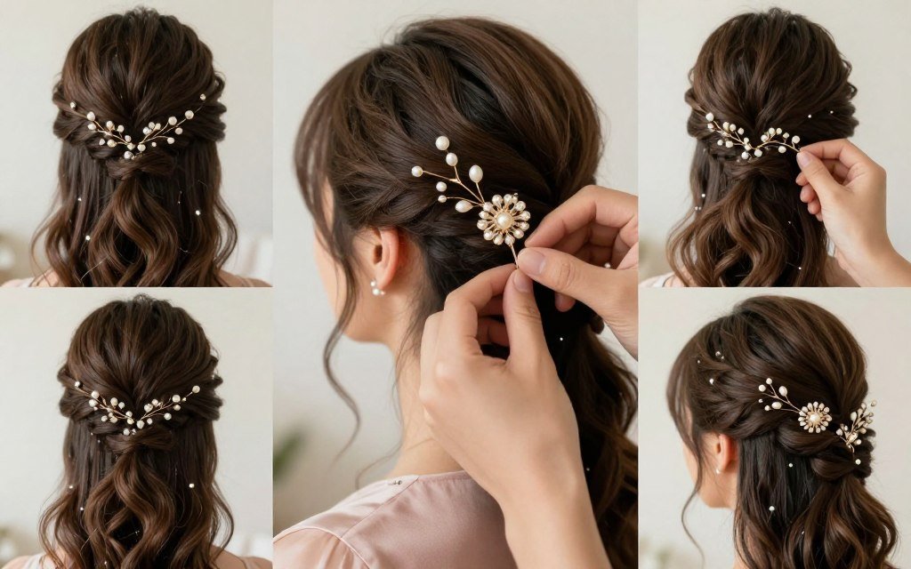 Decorative hair pins adorning bridesmaid hairstyle Decorative hair pins adorning bridesmaid hairstyle