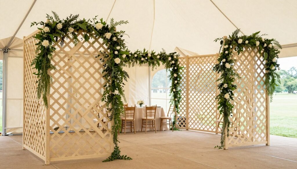 Decorative lattice screens creating defined areas within a party tent
