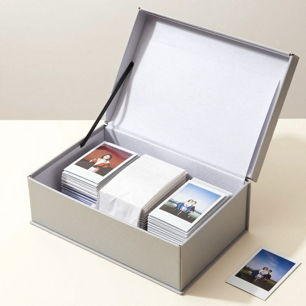 Decorative storage box containing organized polaroid photos Decorative storage box containing organized polaroid photos