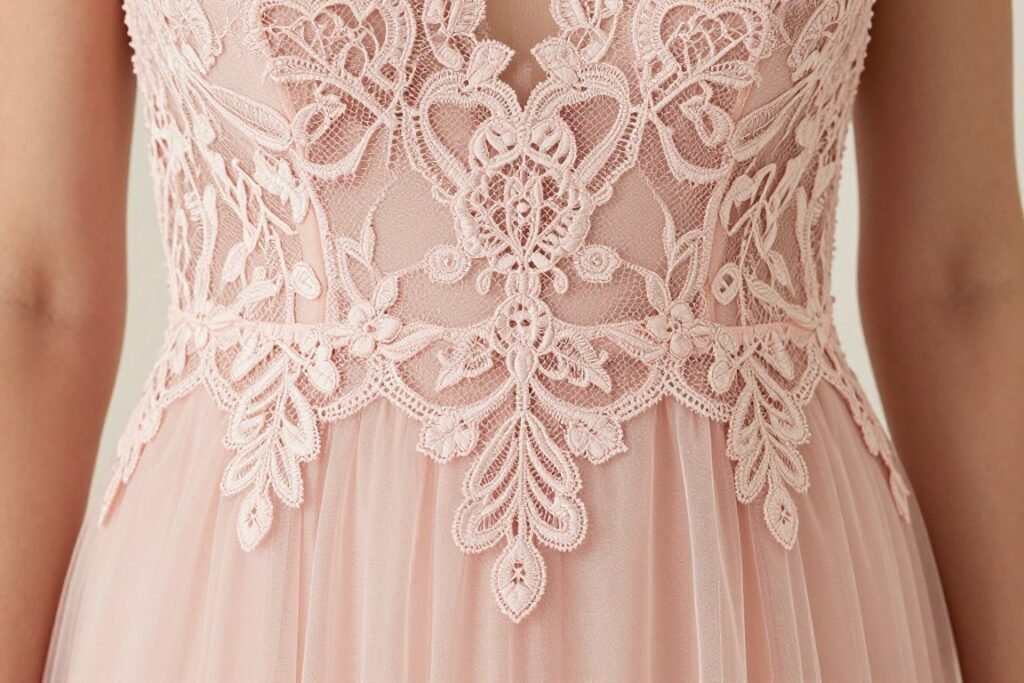Delicate lace detail on blush pink bridesmaid dress