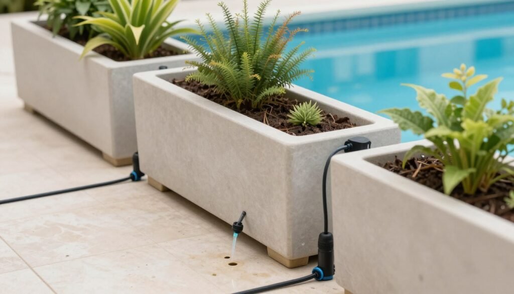 Demonstration of proper drainage and irrigation systems for poolside planters Demonstration of proper drainage and irrigation systems for poolside planters