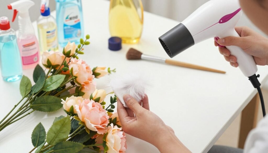 Demonstration of proper fake flowers decor maintenance showing dusting and cleaning techniques Demonstration of proper fake flowers decor maintenance showing dusting and cleaning techniques