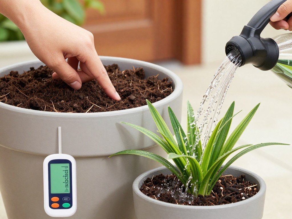 Demonstration of proper watering technique for front door planters showing soil moisture testing Demonstration of proper watering technique for front door planters showing soil moisture testing