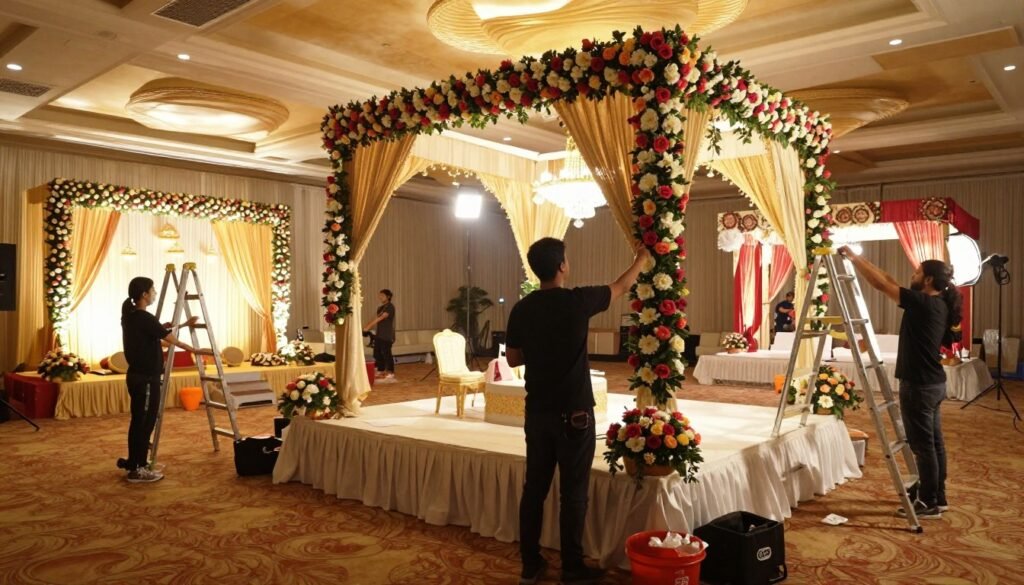 Desi wedding decor setup in progress showing installation of mandap and floral arrangements