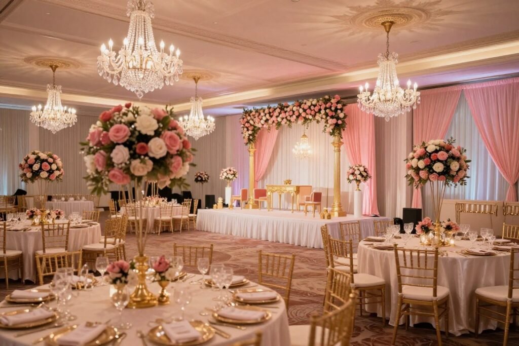 Desi wedding reception hall decorated in pink and gold color scheme with elaborate centerpieces and lighting