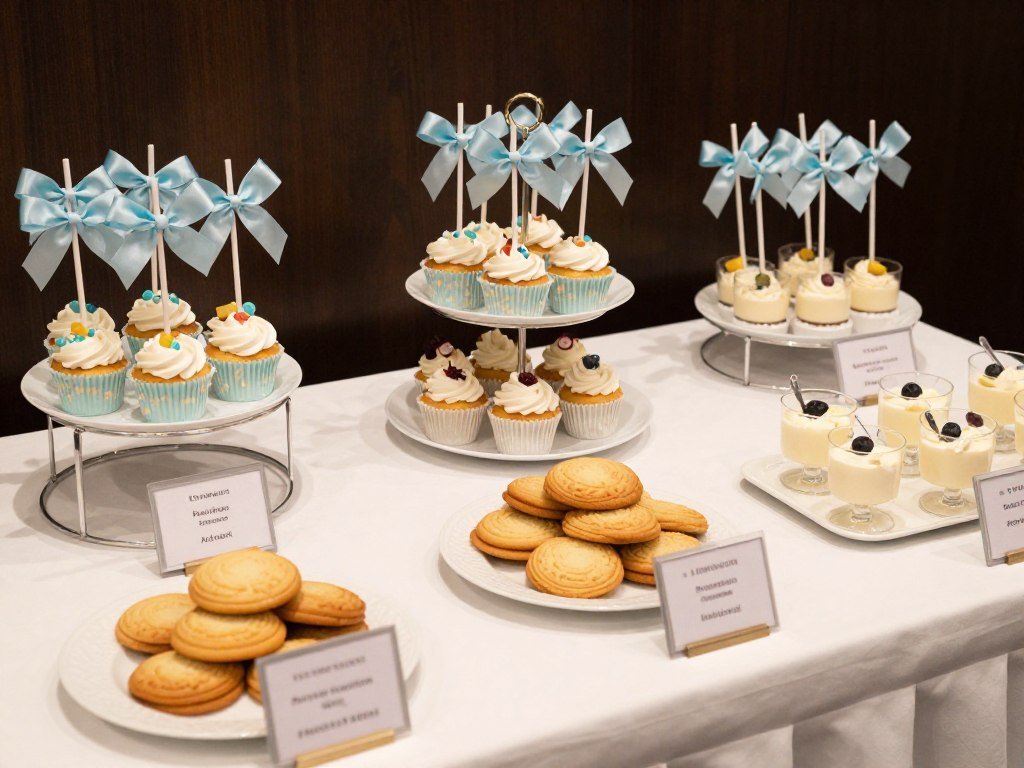Dessert table with elegant labeling, coordinated presentation, and thoughtful serving elements