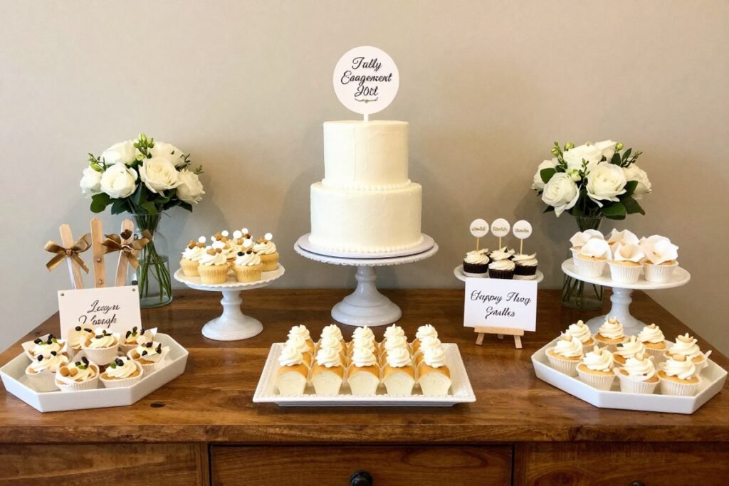 Dessert table with tiered stands, decorative signs, and coordinated treats