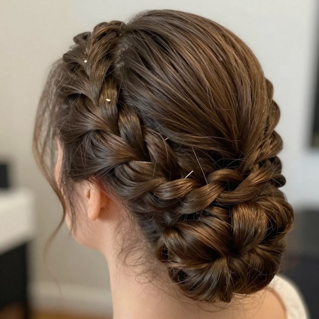 Detail of braided updo showing multiple braid patterns and pin placement