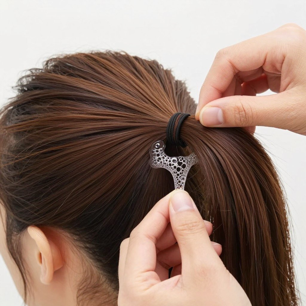 Detail of bubble ponytail showing elastic placement and bubble shaping technique