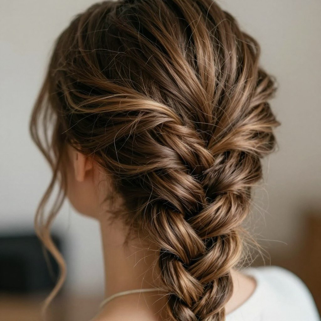 Detail of messy side braid texture showing pulled sections for bridesmaids