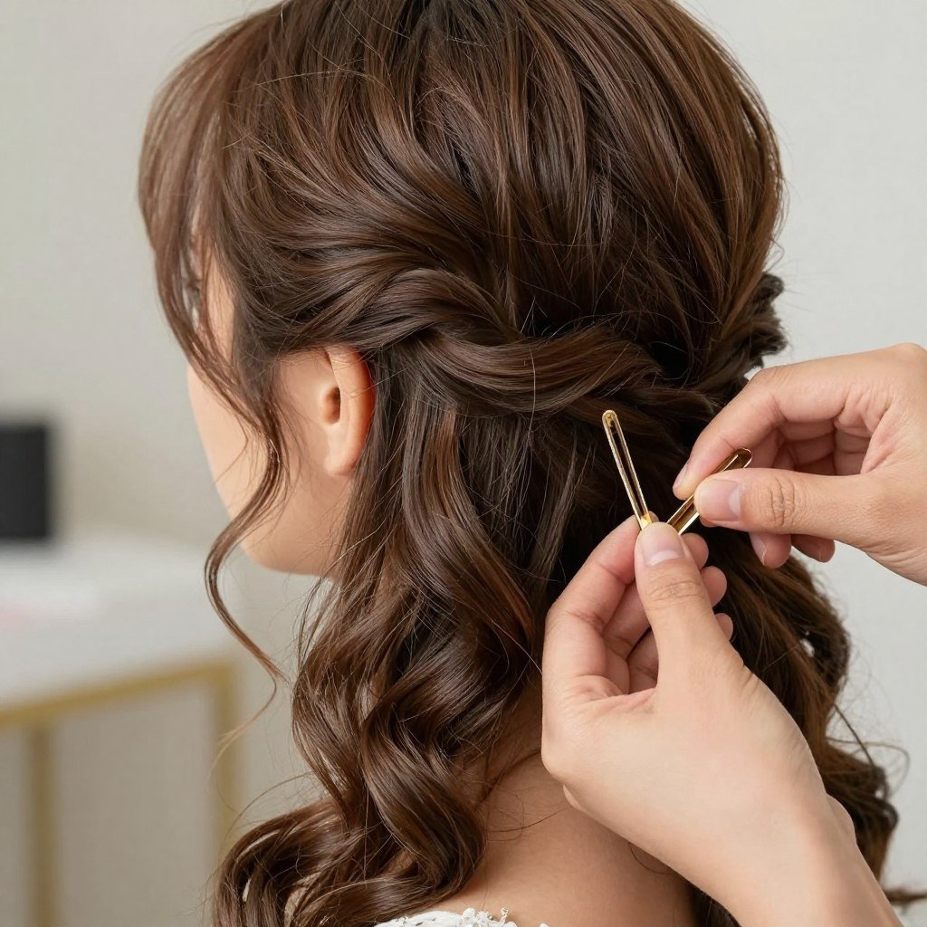 Detail of side-swept waves showing pin placement and wave pattern for bridesmaids
