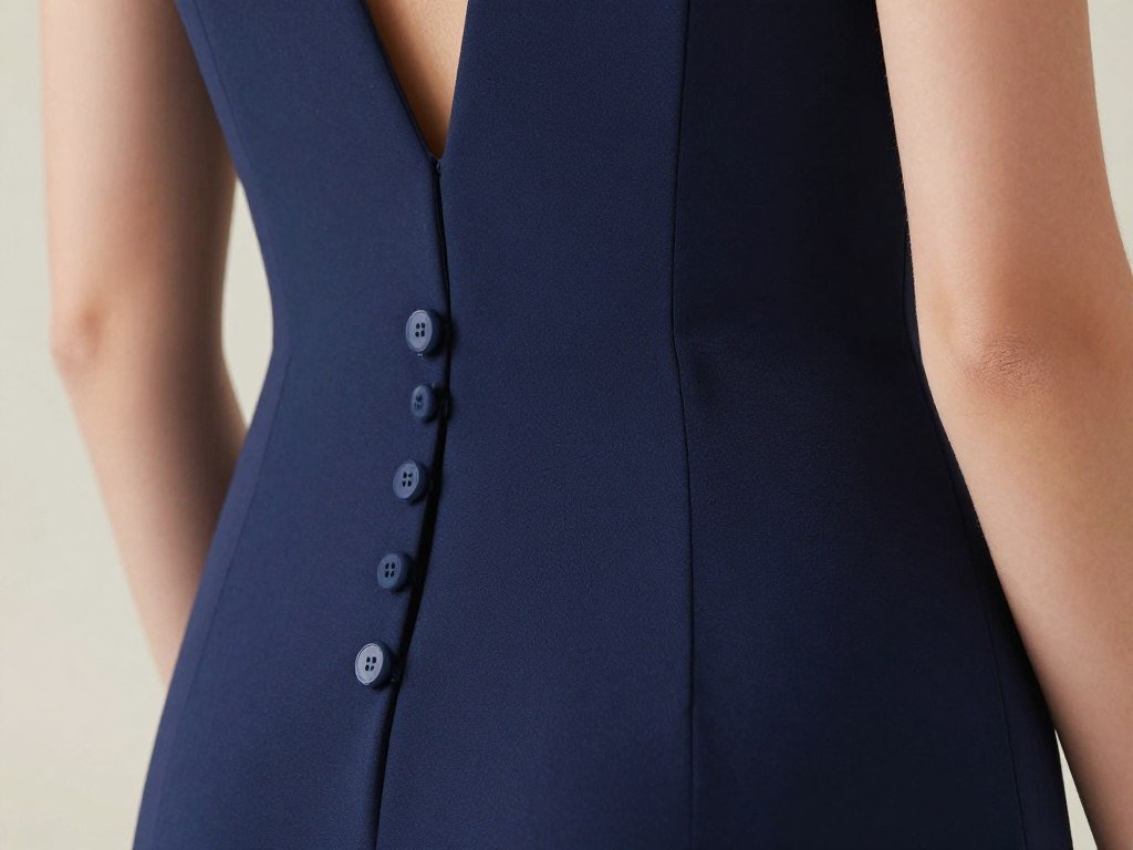 Detail shot of elegant back design on navy blue bridesmaid dress