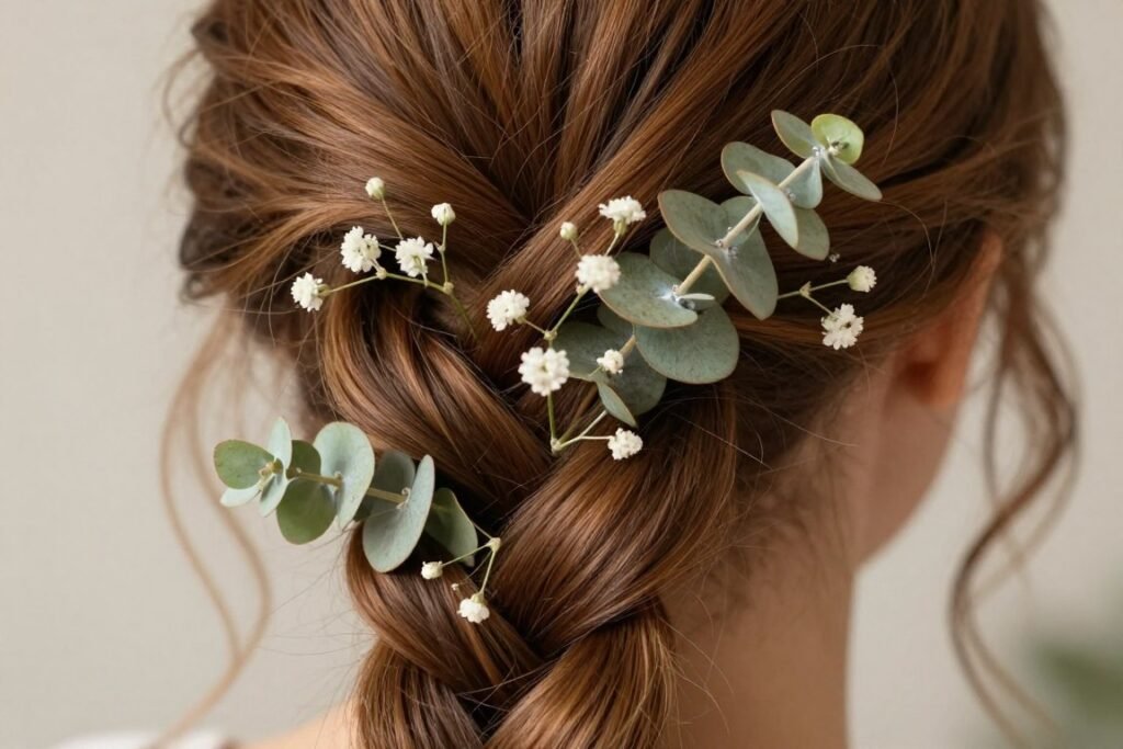 Detailed close-up of pancaked fishtail braid with flowers
