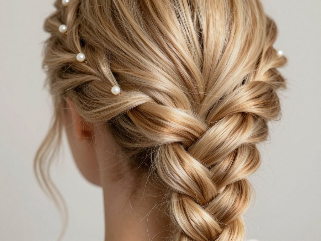Detailed fishtail braid bridesmaid hairstyle