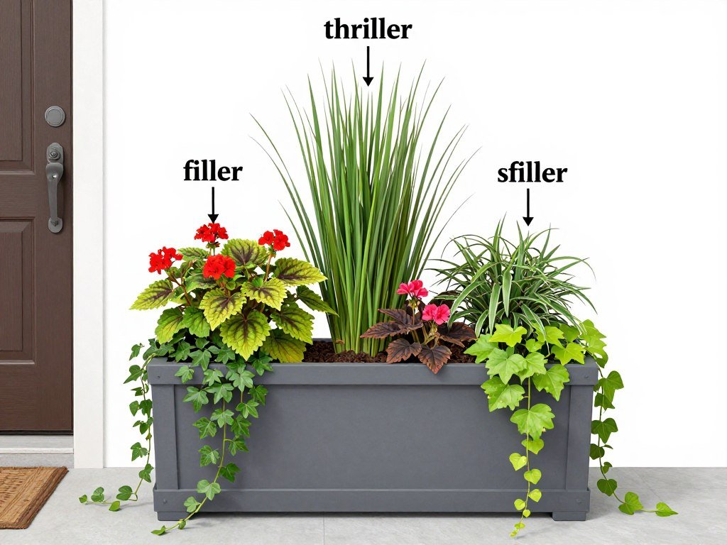 Diagram illustrating the thriller, filler, spiller concept for front door planters with labeled examples Diagram illustrating the thriller, filler, spiller concept for front door planters with labeled examples