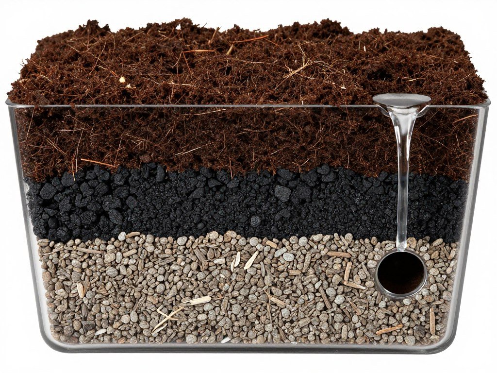 Diagram showing proper drainage setup for an urn planter with layers of soil, charcoal, and gravel
