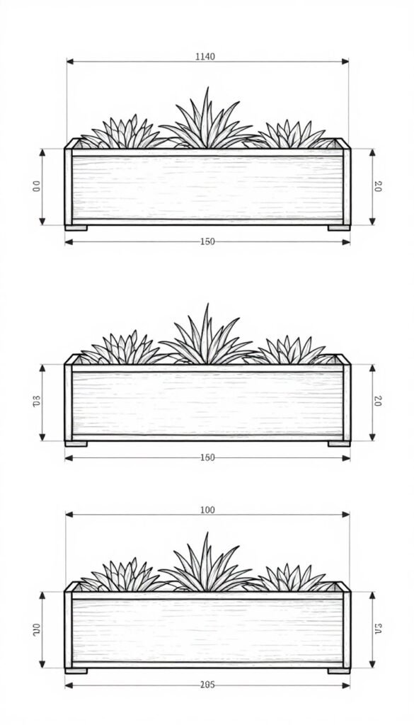 Diagram showing the dimensions of the planter box from multiple angles