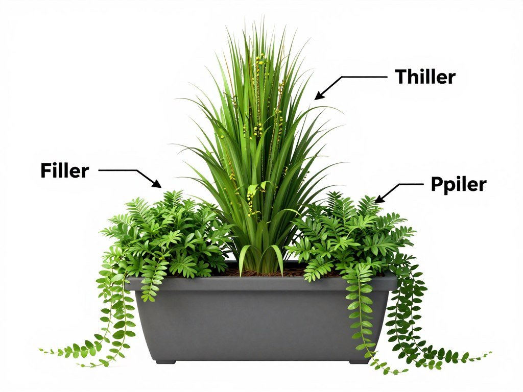 Diagram showing thriller, filler, spiller arrangement in a front door planter