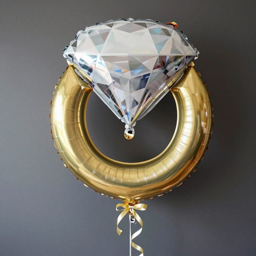 Diamond ring shaped foil balloon with ribbon accents